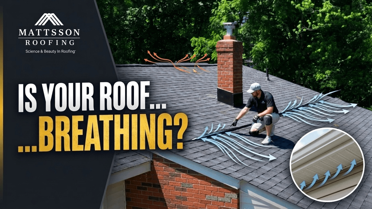 Mattsson Roofing crew member kneeling on an asphalt shingle roof in Glen Rock, NJ, with illustrated blue arrows showing cool air entering at the vented soffits and orange arrows showing hot air exhausting at the ridge vent. Text overlay reads "Is Your Roof... Breathing?"