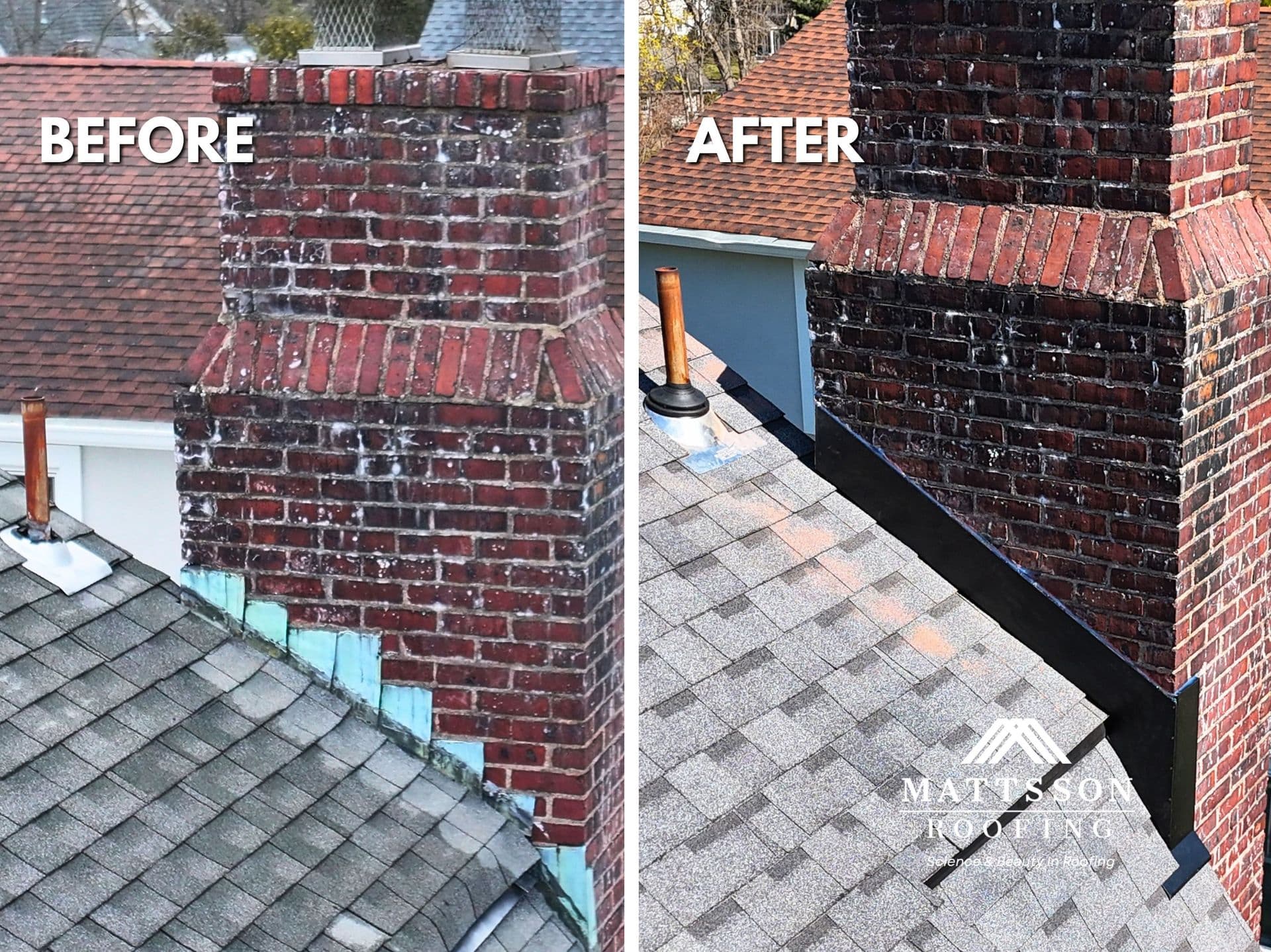 Before and after chimney flashing replacement on a residential roof in Glen Rock showing new properly integrated metal flashing for improved waterproof protection.