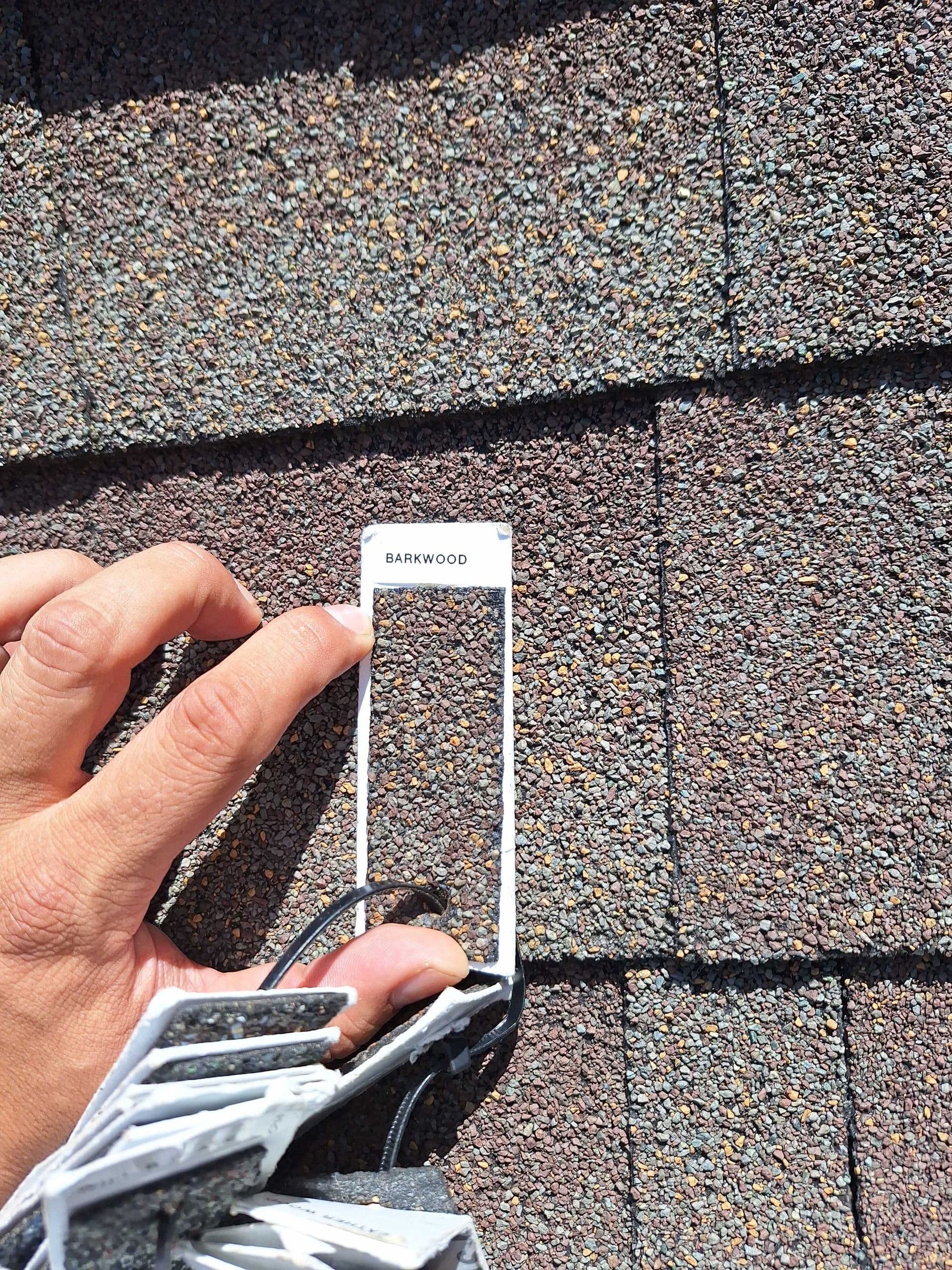 Mattsson Roofing estimator holding a physical shingle color sample against existing asphalt shingles in daylight to match a roof repair in Saddle River, NJ.
