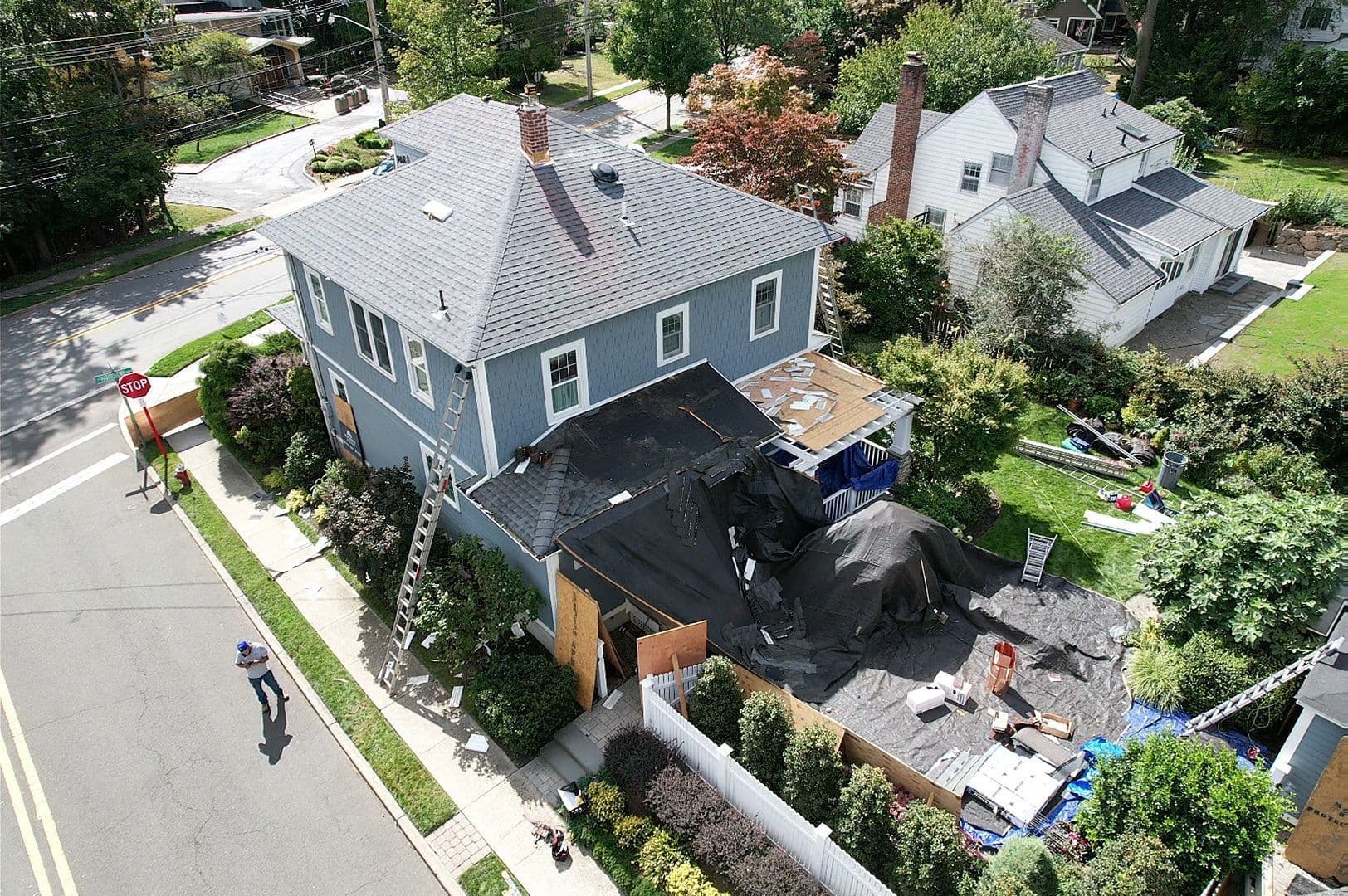 blue home roof work