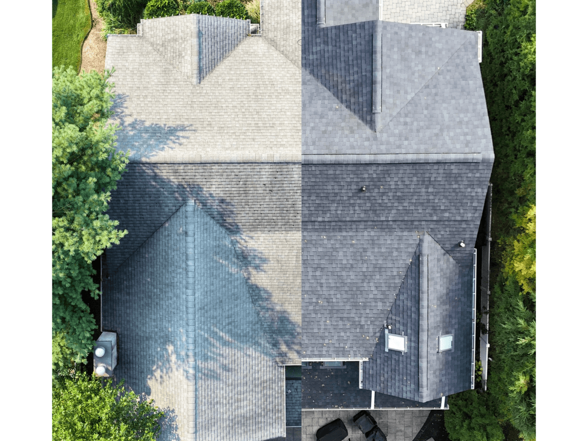 Aerial before-and-after comparison of a roof replacement, showing the older, weathered roof on the left and new dark gray shingles on the right.