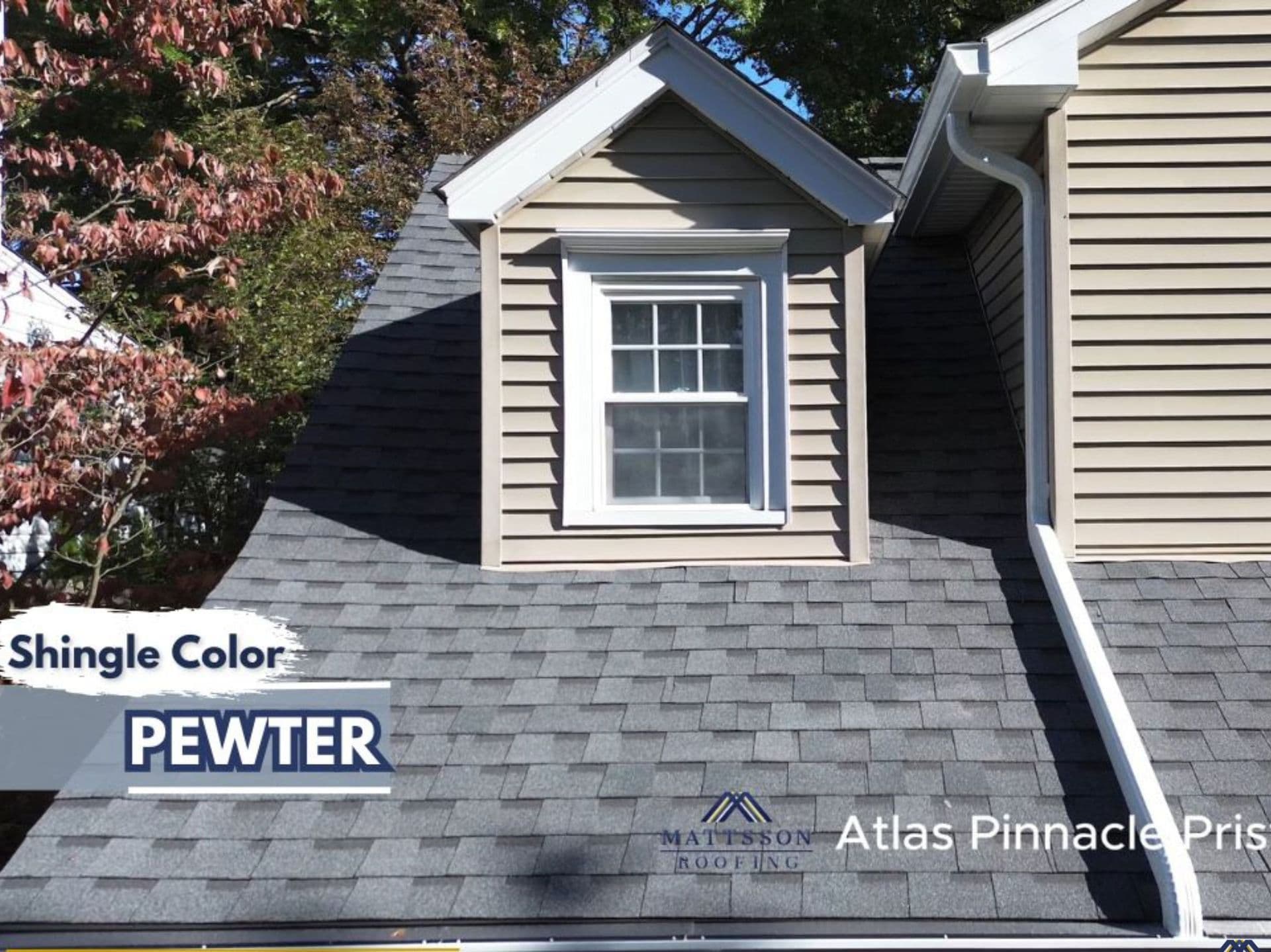 Close-up of a home with Atlas Pinnacle® Pristine Pewter shingles installed by Mattsson Roofing.