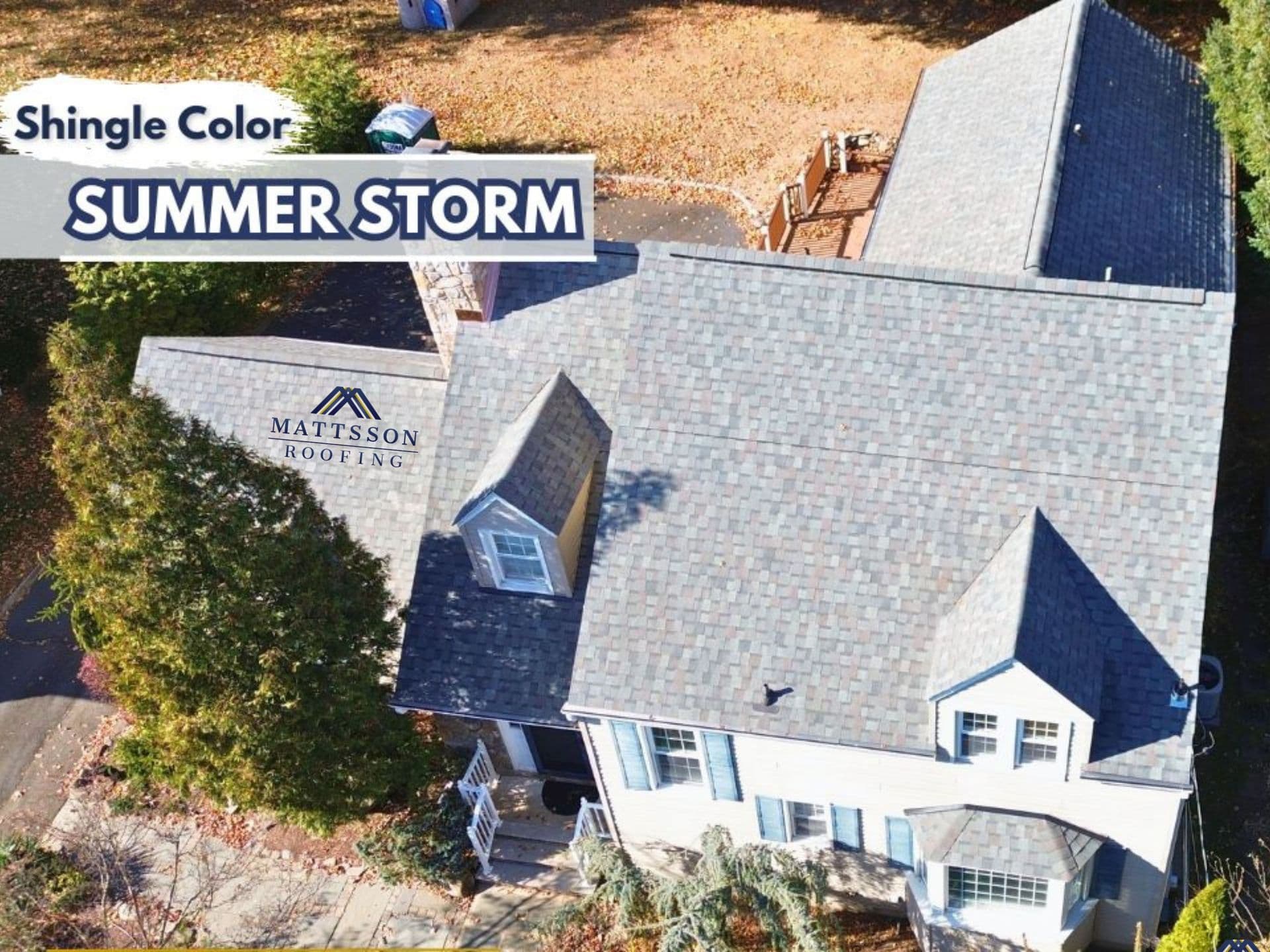 Aerial view of a home with Atlas Pinnacle® Pristine Summer Storm shingles installed by Mattsson Roofing.