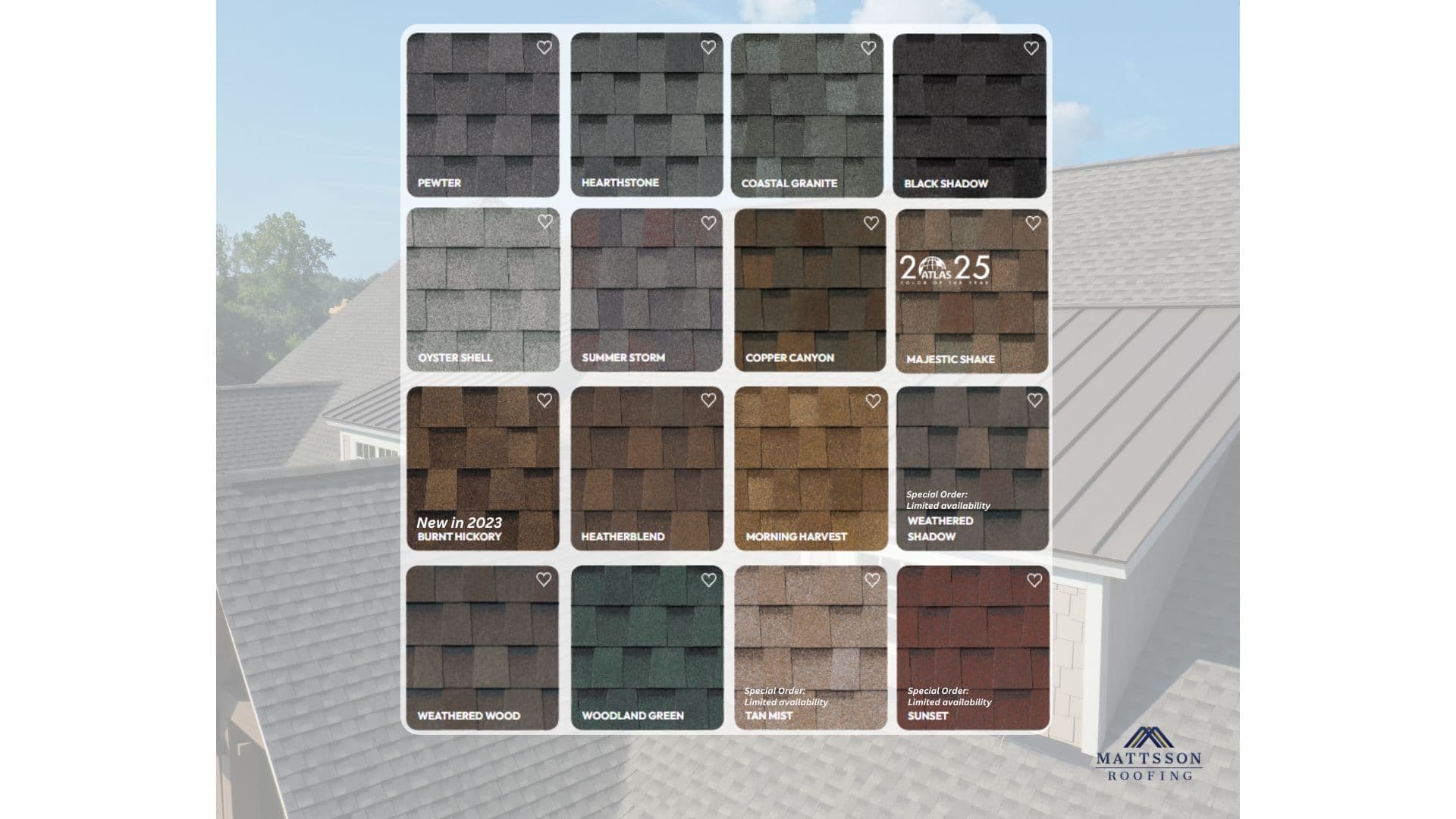 Atlas Pinnacle Pristine asphalt shingle color options showing gray, black, brown, green and red roofing colors available for comparison. Installed by Mattsson Roofing