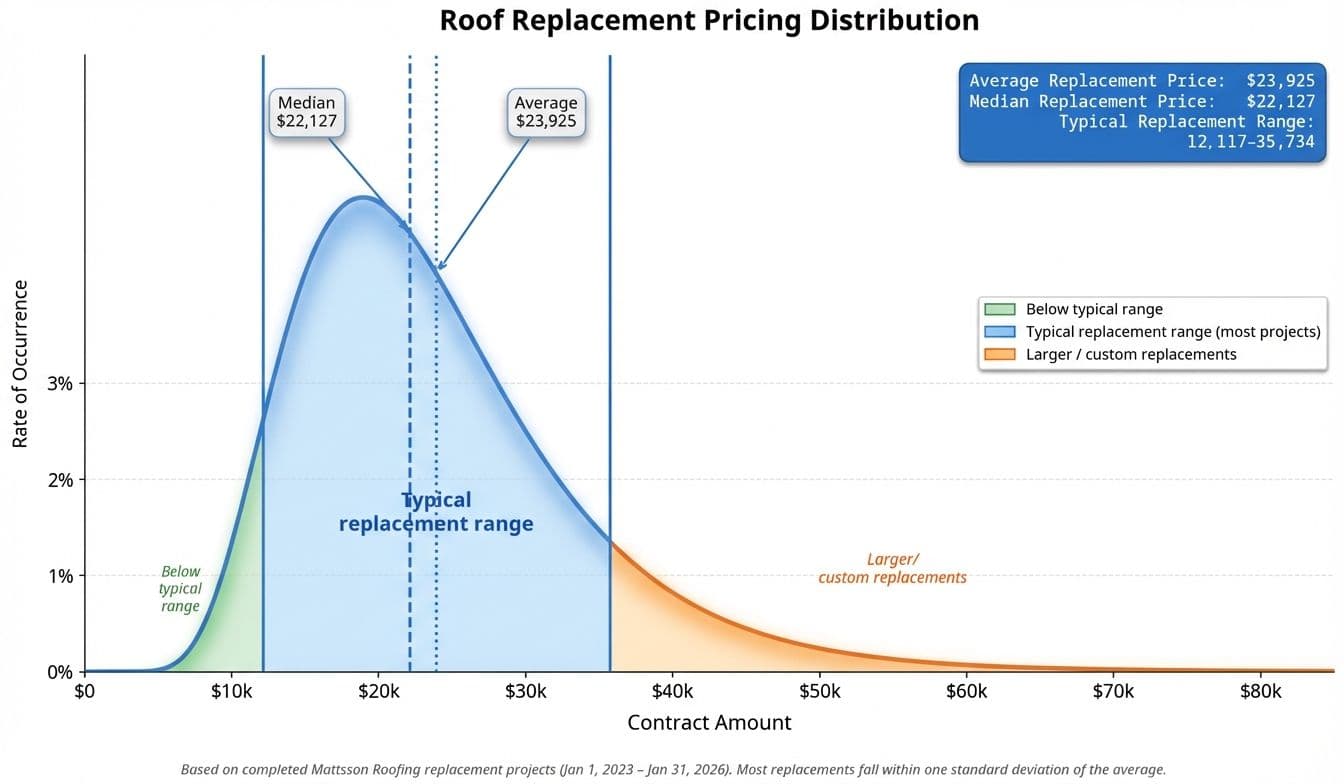 Roof replacement pricing distribution chart based on completed Mattsson Roofing projects in NJ from 2023–2026. The typical replacement range is $12,117–$35,734, with a median of $22,127 and an average of $23,925. Larger or custom replacements can exceed $80,000.